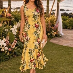Vintage Hilo Hattie The Hawaiian Original Dress Size 12 Yellow Floral Luau